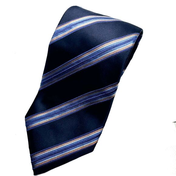 Ermenegildo‎ Zegna Navy Blue Striped Silk Necktie Designer Business - Picture 2 of 4